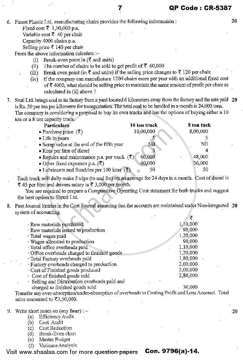 Advanced Cost Accounting 2013-2014 - M.Com. - Part 1 - University of Mumbai question paper with PDF download