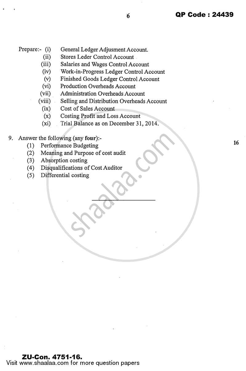 Advanced Cost Accounting 2015-2016 - M.Com. - Part 1 - University of Mumbai question paper with PDF download