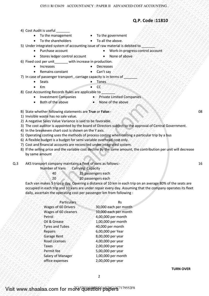 Advanced Cost Accounting 2016-2017 - M.Com. - Part 1 - University of Mumbai question paper with PDF download