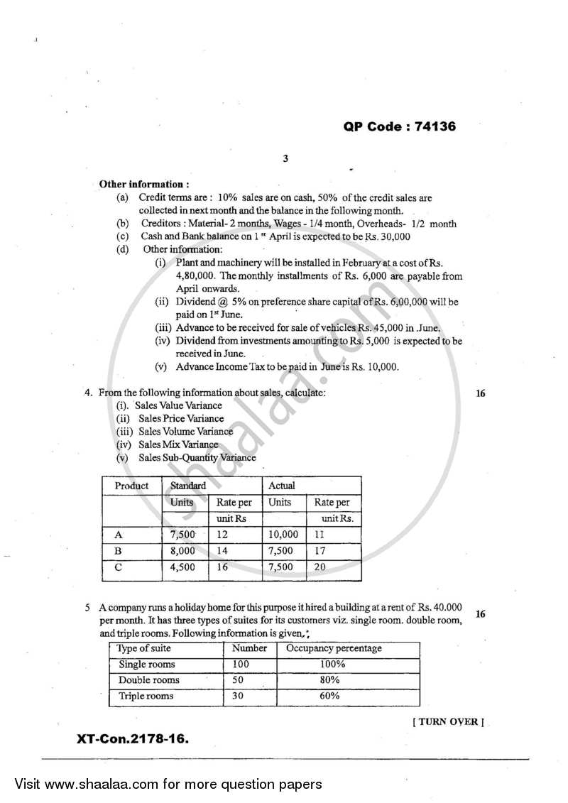 Advanced Cost Accounting 2016-2017 - M.Com. - Part 1 - University of Mumbai question paper with PDF download