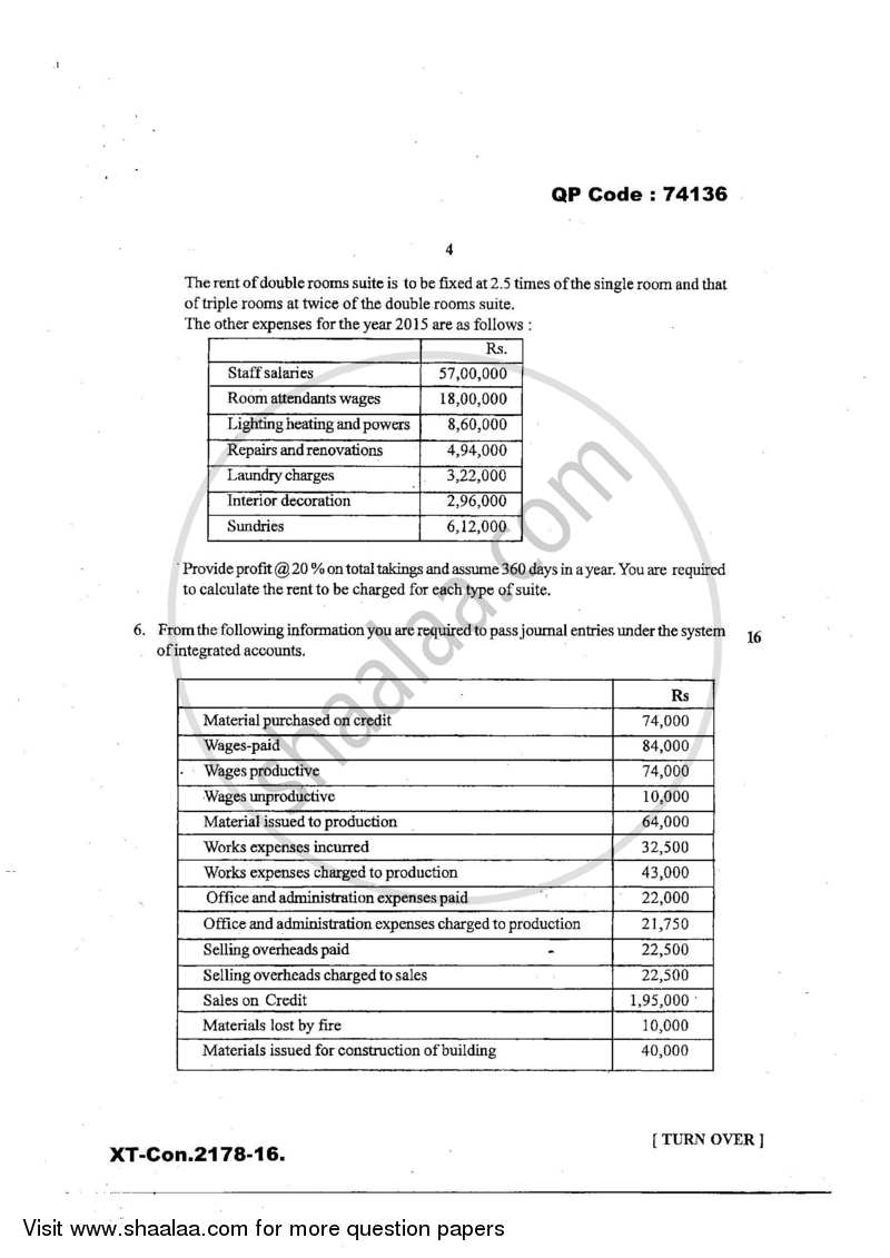 Advanced Cost Accounting 2016-2017 - M.Com. - Part 1 - University of Mumbai question paper with PDF download