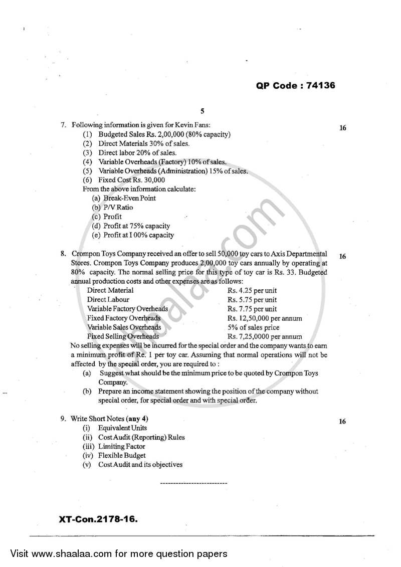 Advanced Cost Accounting 2016-2017 - M.Com. - Part 1 - University of Mumbai question paper with PDF download