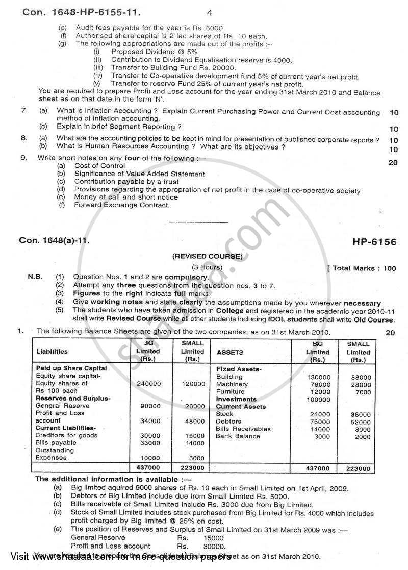 Advanced Financial Accounting 2010-2011 - M.Com. - Part 1 - University of Mumbai question paper with PDF download