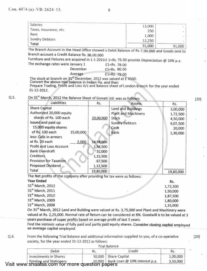 Advanced Financial Accounting 2012-2013 - M.Com. - Part 1 - University of Mumbai question paper with PDF download