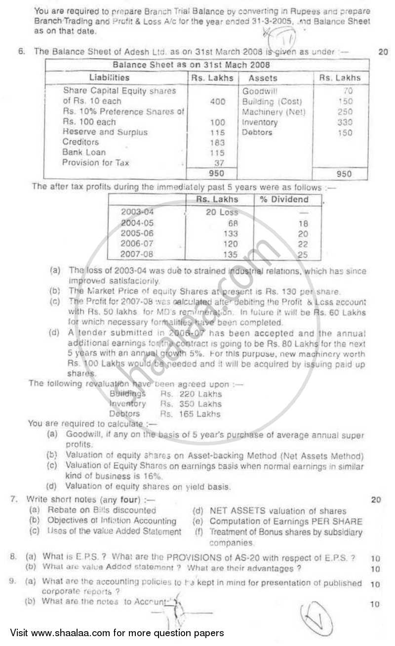 Advanced Financial Accounting 2008-2009 - M.Com. - Semester 1 - University of Mumbai question paper with PDF download