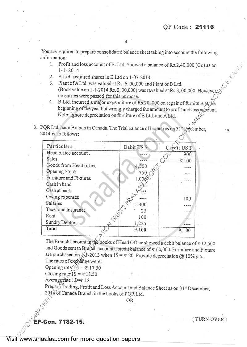 Advanced Financial Accounting 2015-2016 - M.Com. - Semester 1 - University of Mumbai question paper with PDF download