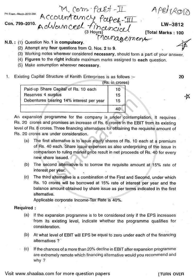Advanced Financial Management 2009-2010 - M.Com. - Part 2 - University of Mumbai question paper with PDF download