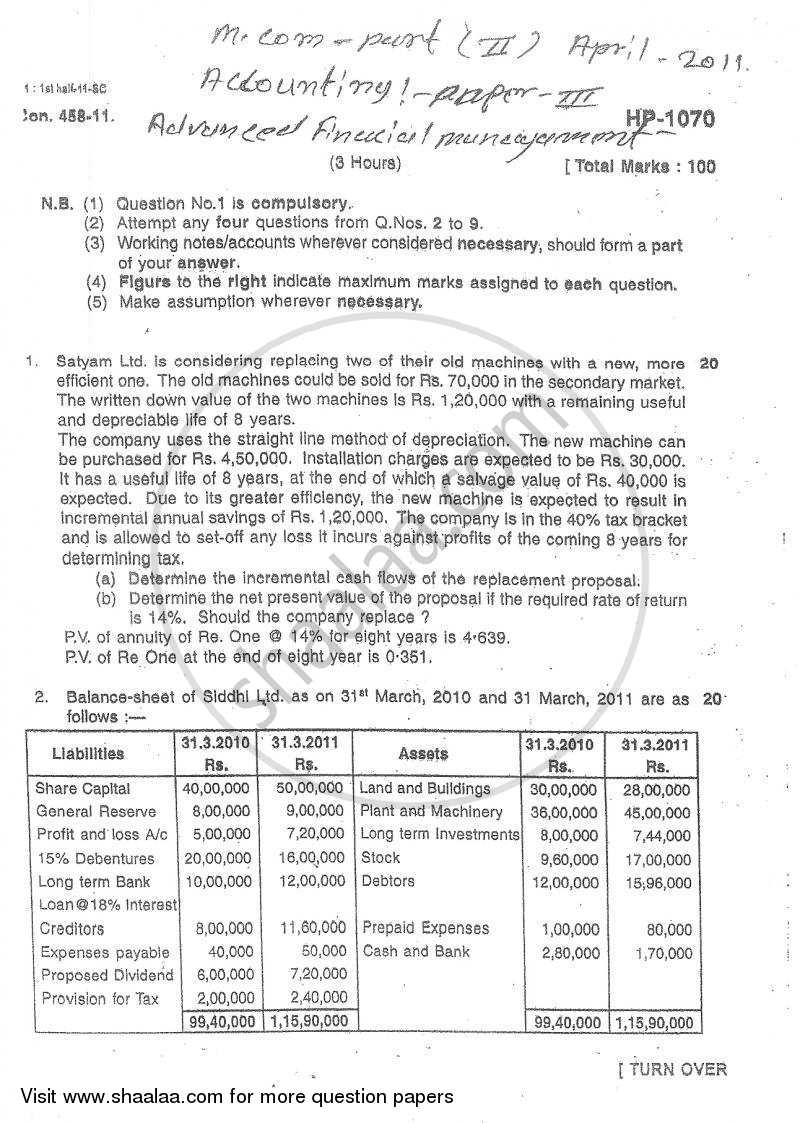 Advanced Financial Management 2010-2011 - M.Com. - Part 2 - University of Mumbai question paper with PDF download
