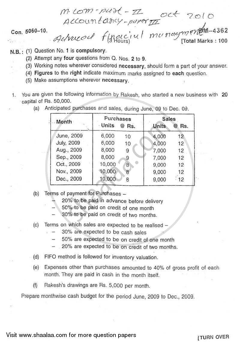 Advanced Financial Management 2010-2011 - M.Com. - Part 2 - University of Mumbai question paper with PDF download