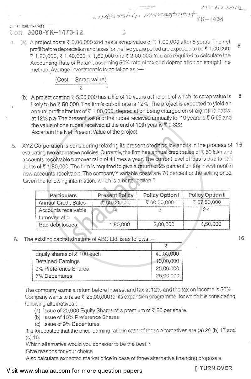 Advanced Financial Management 2011-2012 - M.Com. - Part 2 - University of Mumbai question paper with PDF download