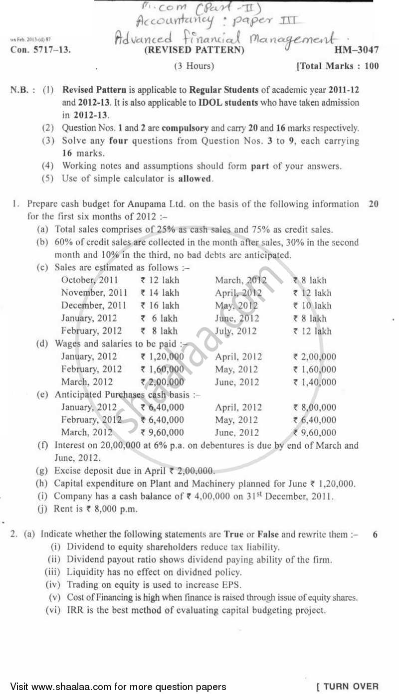 Advanced Financial Management 2012-2013 - M.Com. - Part 2 - University of Mumbai question paper with PDF download