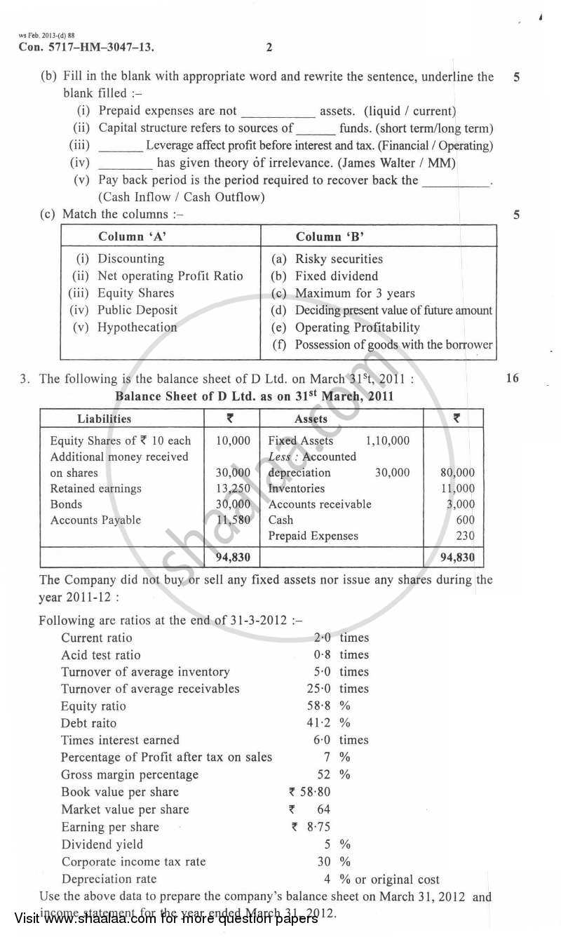 Advanced Financial Management 2012-2013 - M.Com. - Part 2 - University of Mumbai question paper with PDF download