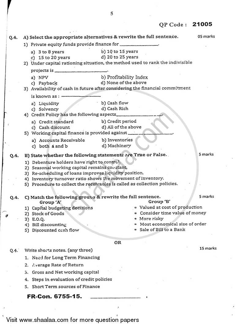 Advanced Financial Management Paper‐2 2014-2015 - M.Com. - Semester 4 - University of Mumbai question paper with PDF download