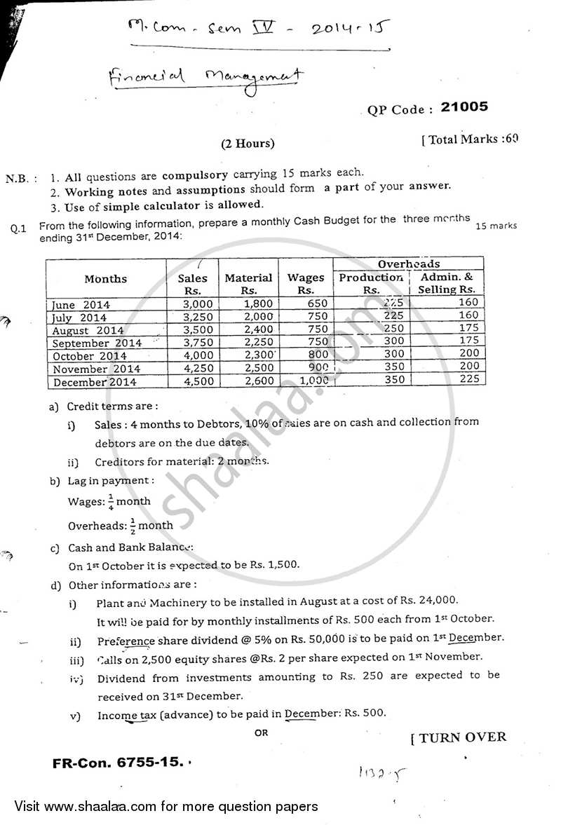 Advanced Financial Management Paper‐2 2014-2015 - M.Com. - Semester 4 - University of Mumbai question paper with PDF download