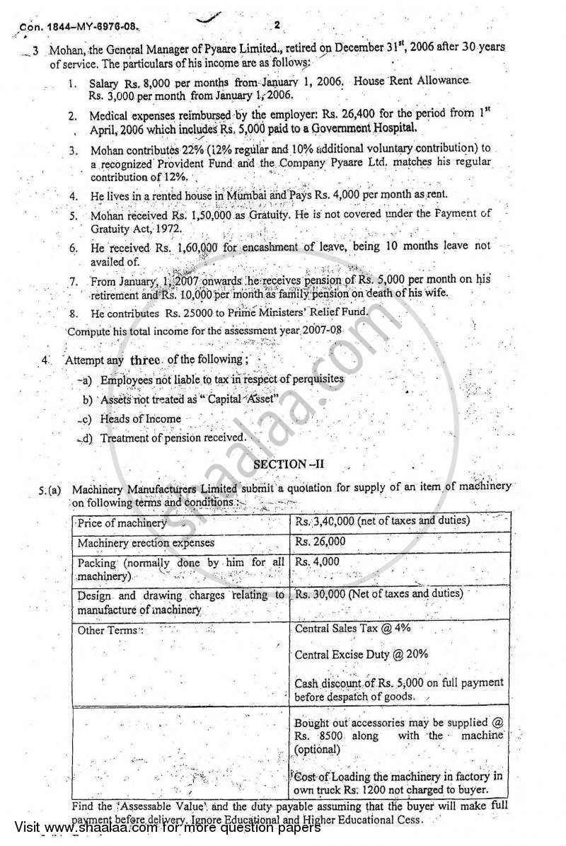 Direct and Indirect Taxes 2007-2008 - M.Com. - Part 2 - University of Mumbai question paper with PDF download