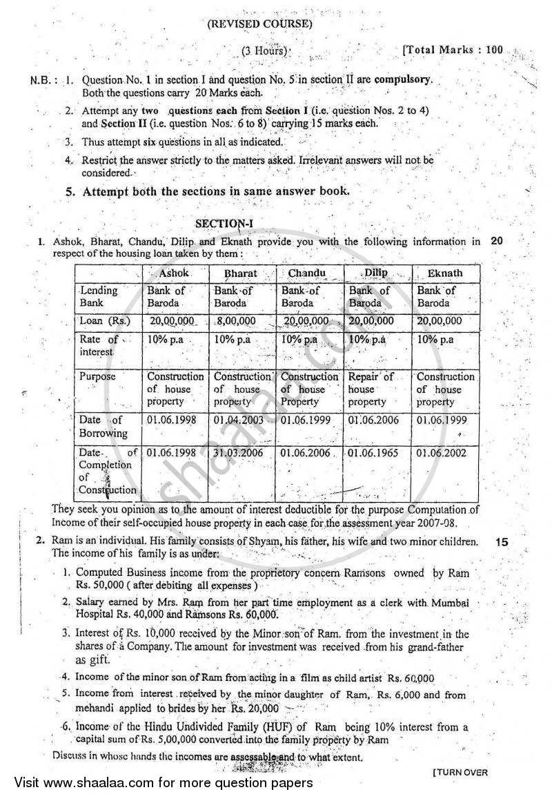 Direct and Indirect Taxes 2007-2008 - M.Com. - Part 2 - University of Mumbai question paper with PDF download