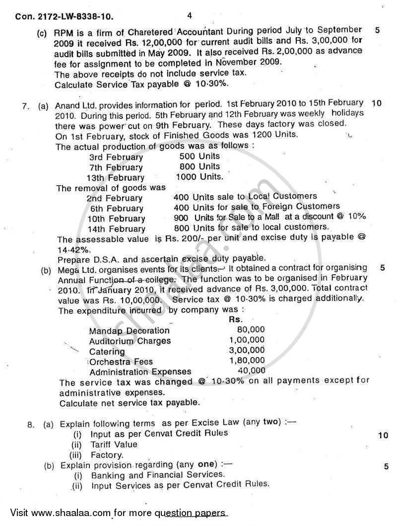 Direct and Indirect Taxes 2009-2010 - M.Com. - Part 2 - University of Mumbai question paper with PDF download