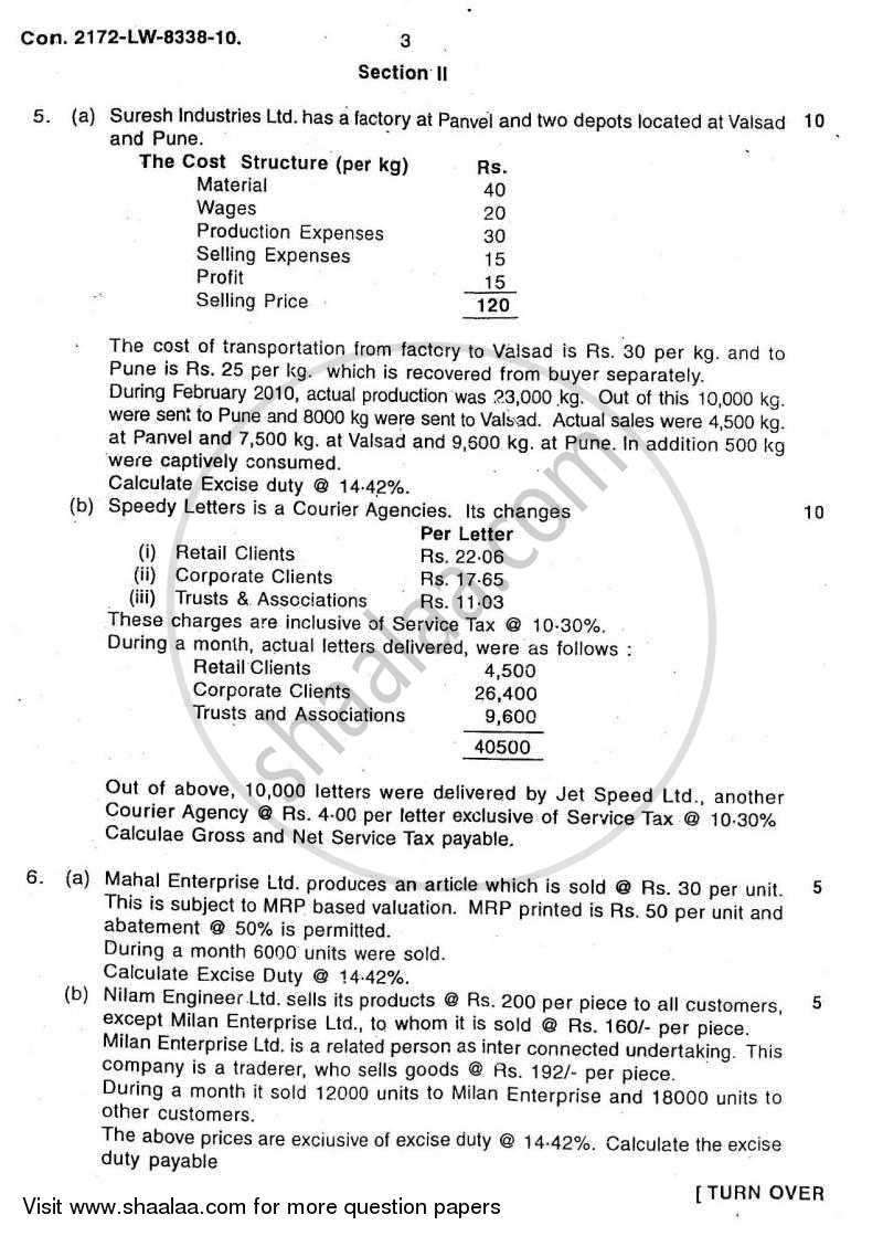 Direct and Indirect Taxes 2009-2010 - M.Com. - Part 2 - University of Mumbai question paper with PDF download