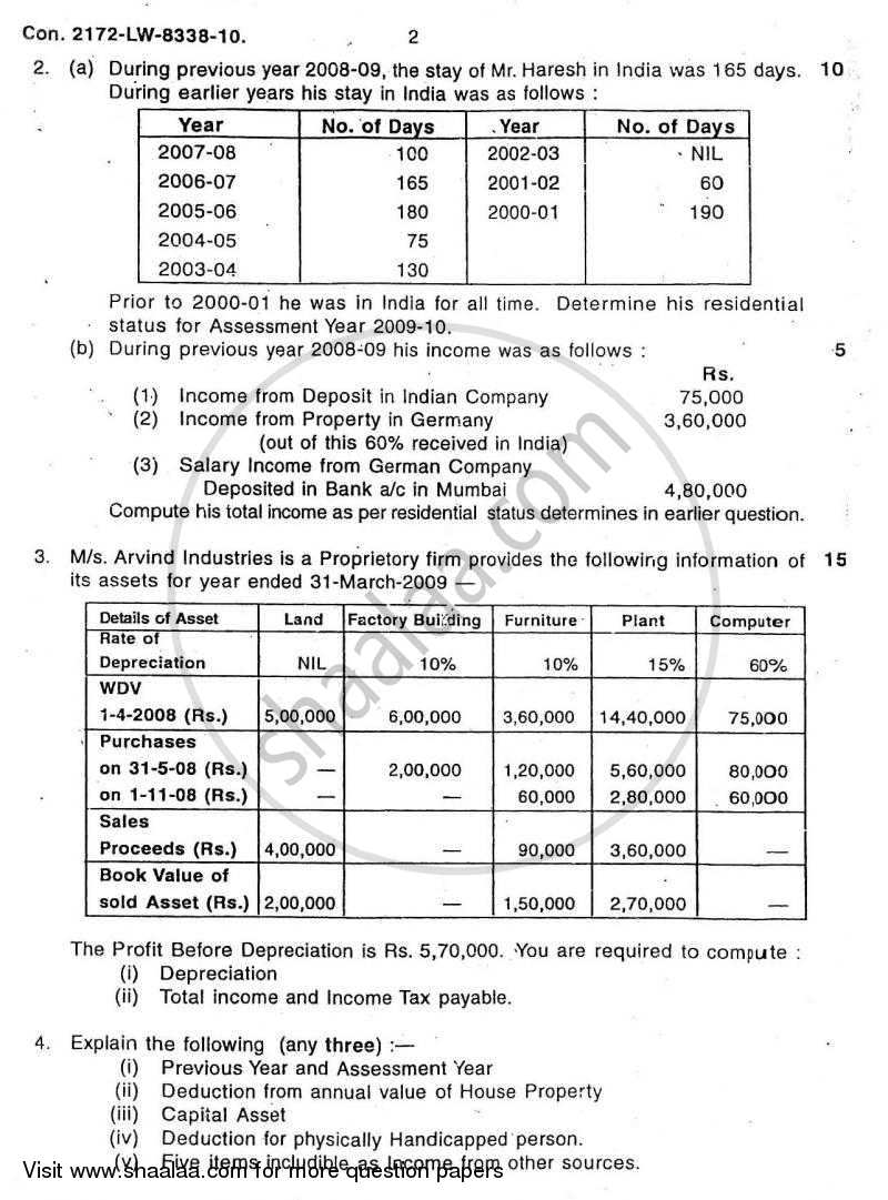 Direct and Indirect Taxes 2009-2010 - M.Com. - Part 2 - University of Mumbai question paper with PDF download