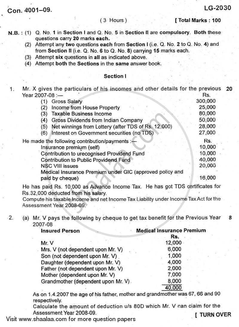 Direct and Indirect Taxes 2009-2010 - M.Com. - Part 2 - University of Mumbai question paper with PDF download