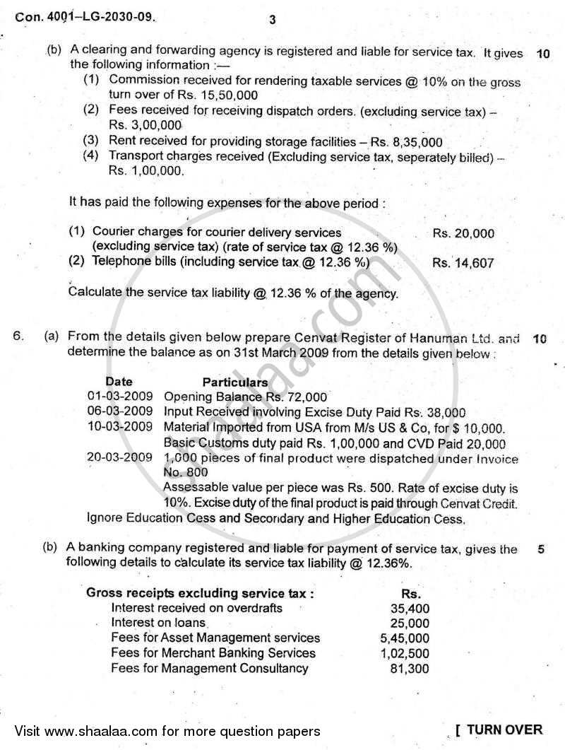 Direct and Indirect Taxes 2009-2010 - M.Com. - Part 2 - University of Mumbai question paper with PDF download