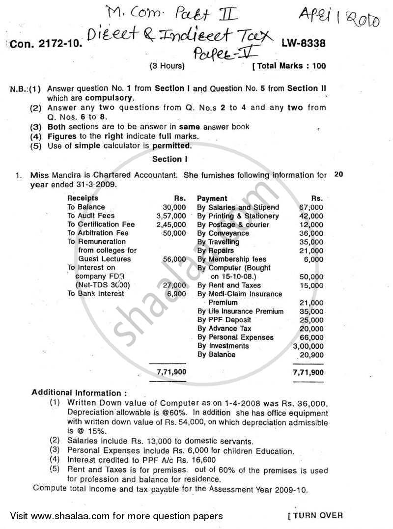 Direct and Indirect Taxes 2009-2010 - M.Com. - Part 2 - University of Mumbai question paper with PDF download