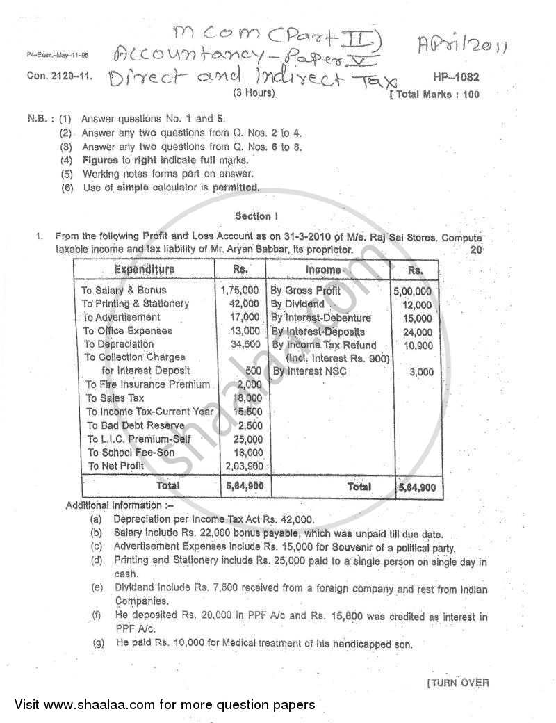 Direct and Indirect Taxes 2010-2011 - M.Com. - Part 2 - University of Mumbai question paper with PDF download