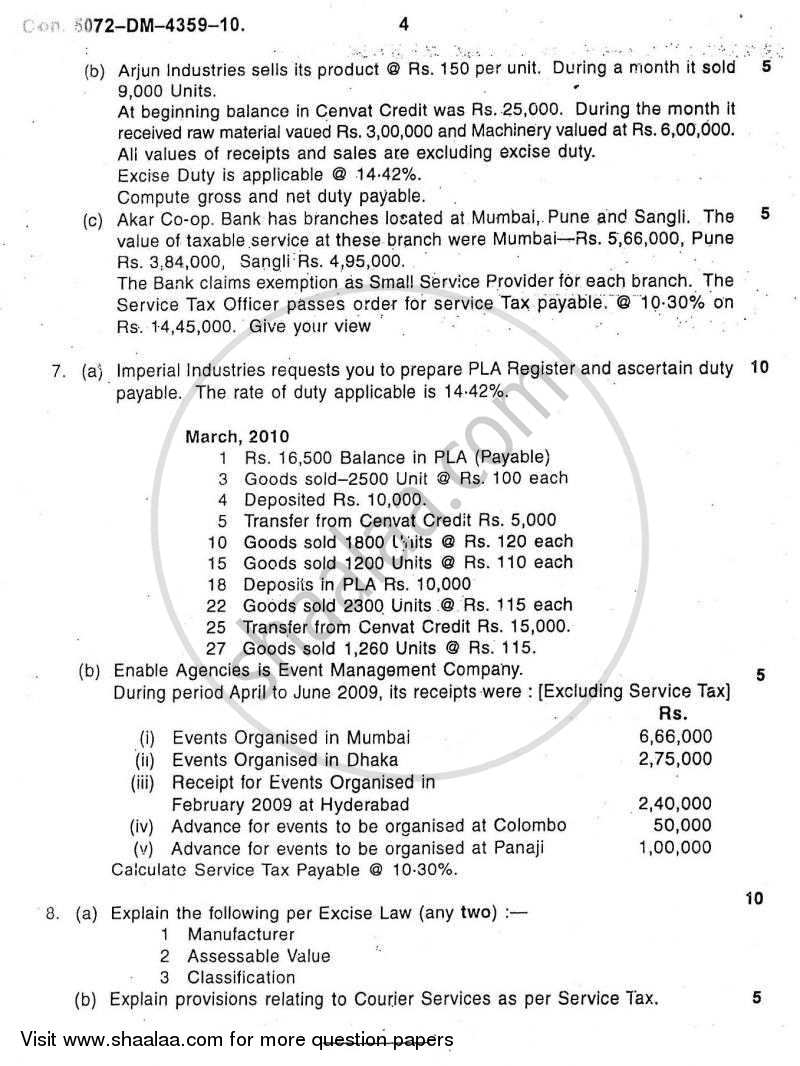 Direct and Indirect Taxes 2010-2011 - M.Com. - Part 2 - University of Mumbai question paper with PDF download