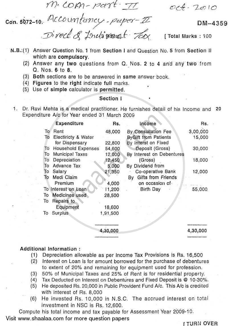Direct and Indirect Taxes 2010-2011 - M.Com. - Part 2 - University of Mumbai question paper with PDF download
