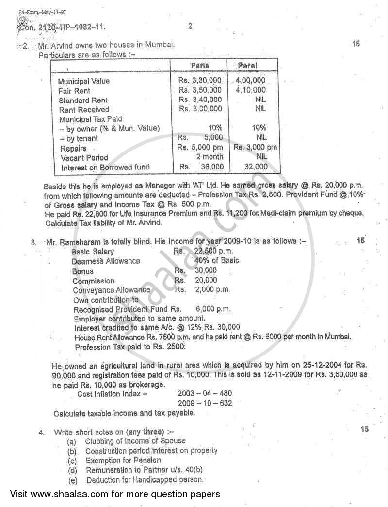 Direct and Indirect Taxes 2010-2011 - M.Com. - Part 2 - University of Mumbai question paper with PDF download