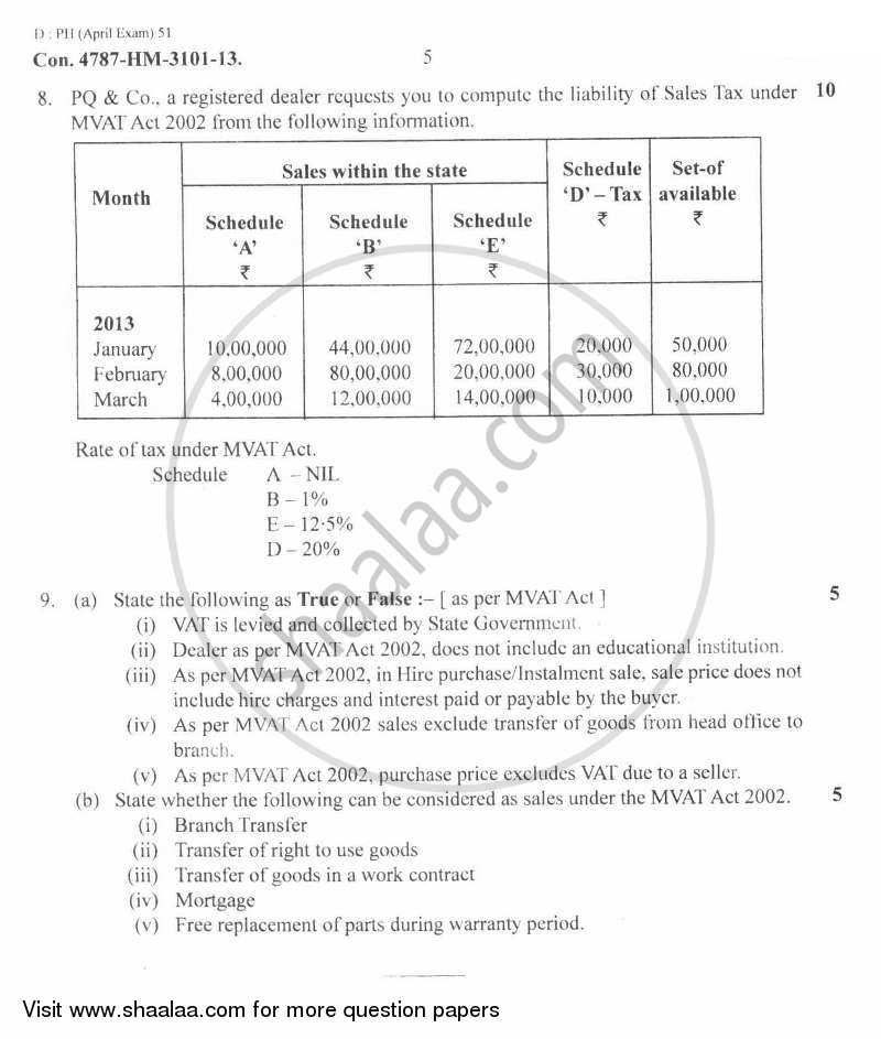Direct and Indirect Taxes 2012-2013 - M.Com. - Part 2 - University of Mumbai question paper with PDF download