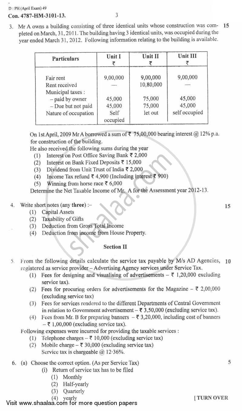 Direct and Indirect Taxes 2012-2013 - M.Com. - Part 2 - University of Mumbai question paper with PDF download