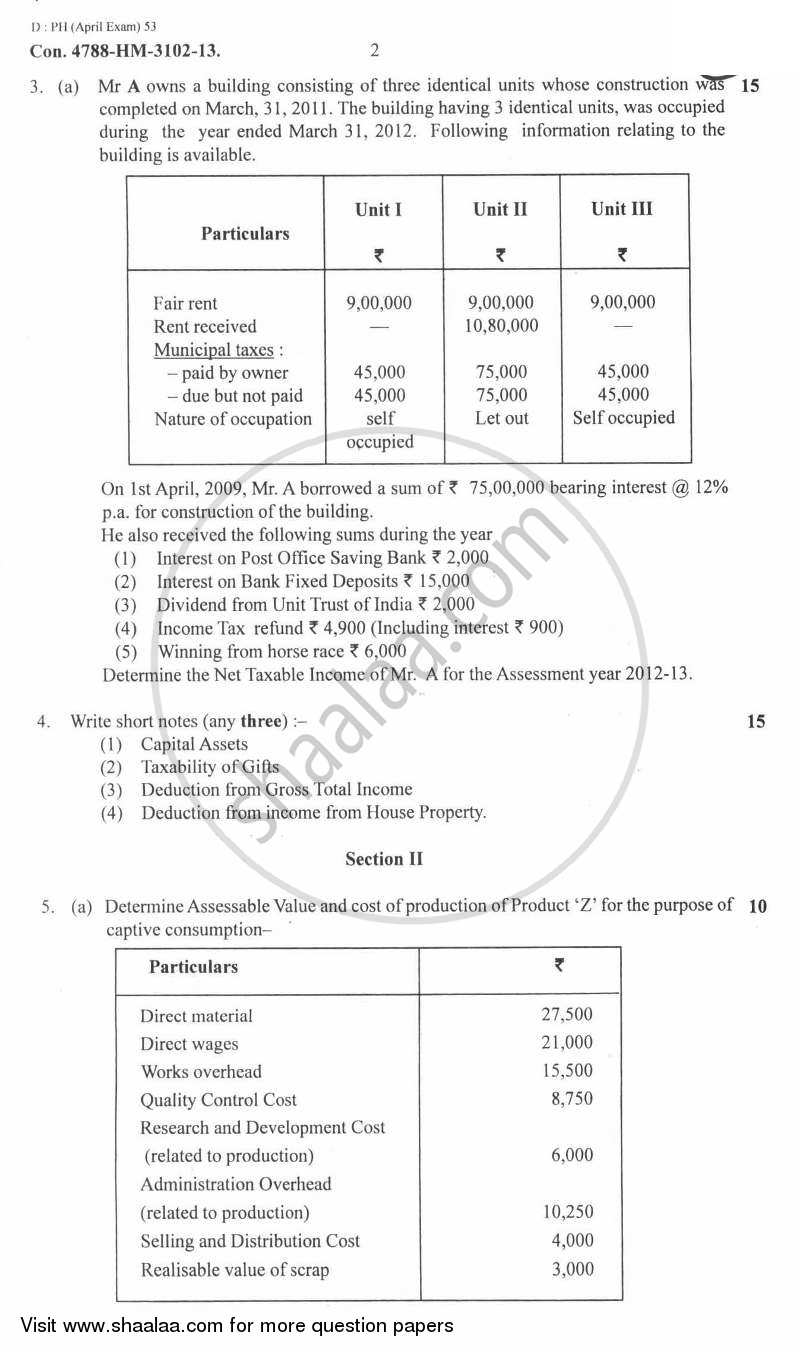 Direct and Indirect Taxes 2012-2013 - M.Com. - Part 2 - University of Mumbai question paper with PDF download