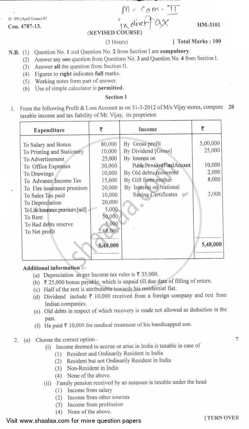 Direct and Indirect Taxes 2012-2013 - M.Com. - Part 2 - University of Mumbai question paper with PDF download