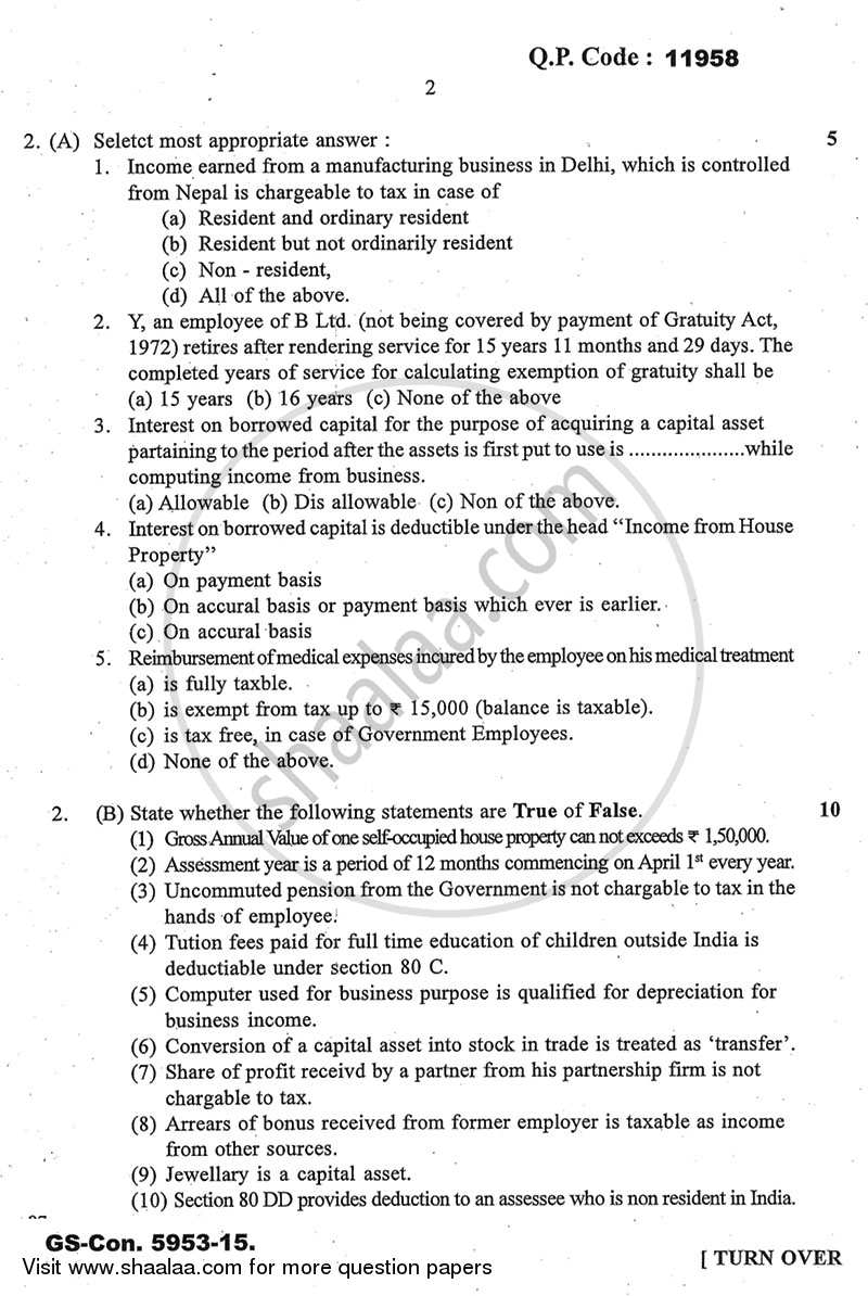 Direct and Indirect Taxes 2014-2015 - M.Com. - Part 2 - University of Mumbai question paper with PDF download