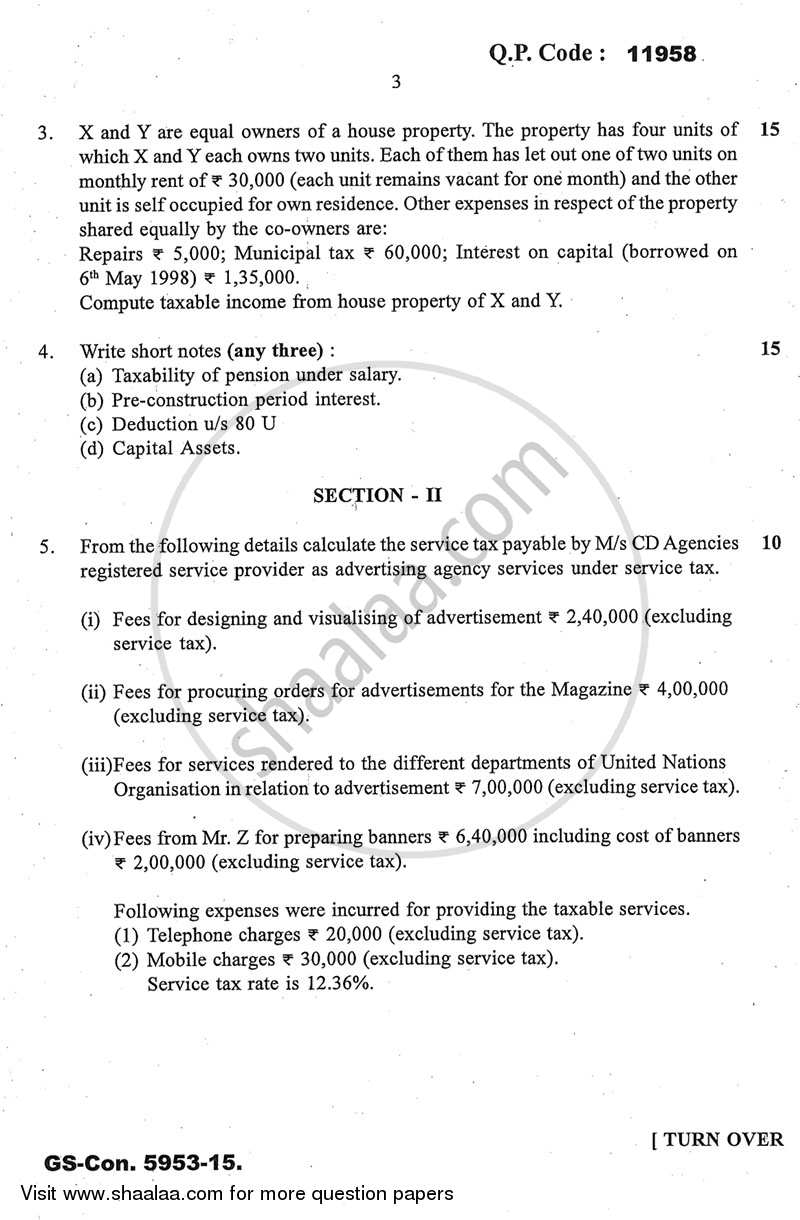 Direct and Indirect Taxes 2014-2015 - M.Com. - Part 2 - University of Mumbai question paper with PDF download