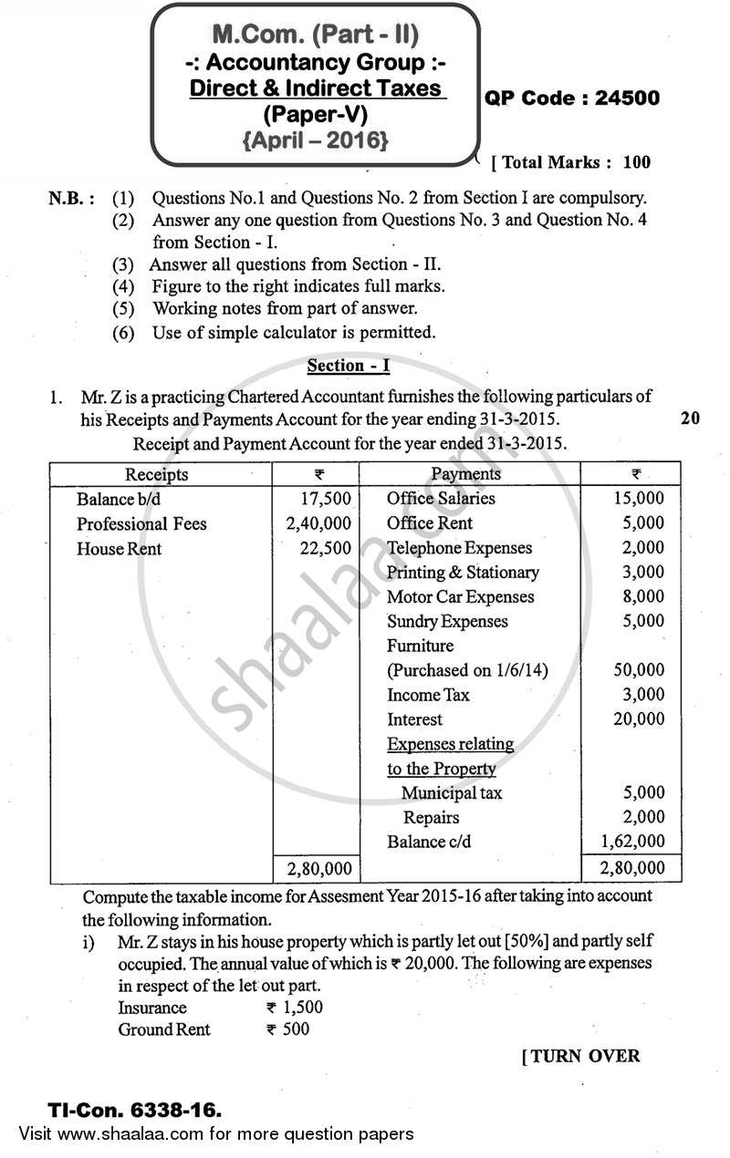 Direct and Indirect Taxes 2015-2016 - M.Com. - Part 2 - University of Mumbai question paper with PDF download