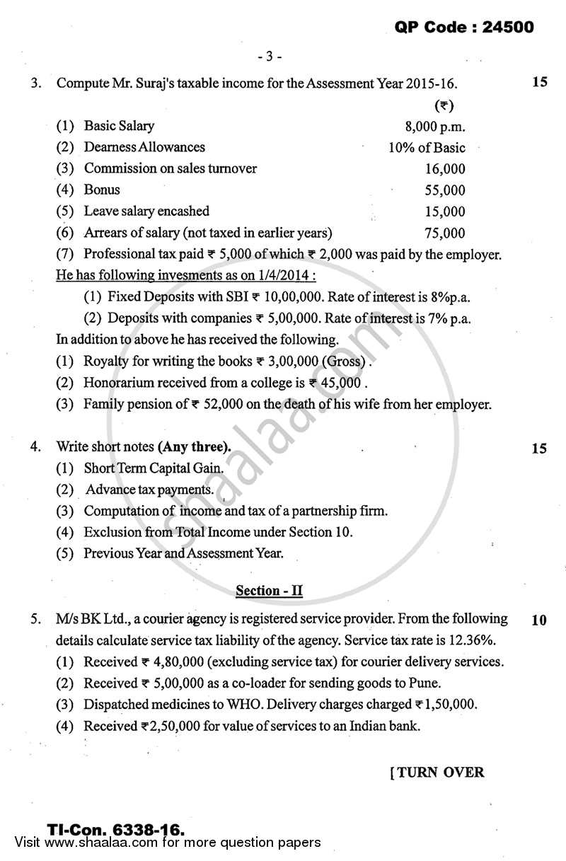 Direct and Indirect Taxes 2015-2016 - M.Com. - Part 2 - University of Mumbai question paper with PDF download