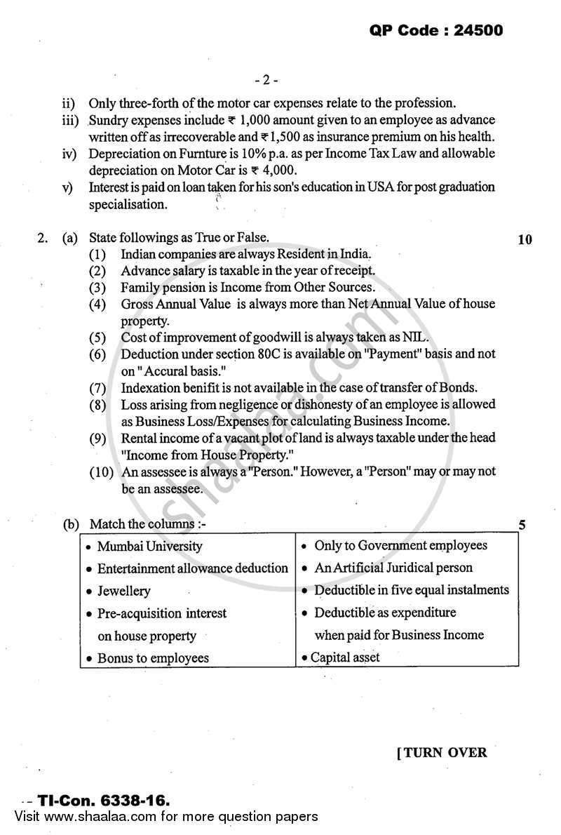 Direct and Indirect Taxes 2015-2016 - M.Com. - Part 2 - University of Mumbai question paper with PDF download