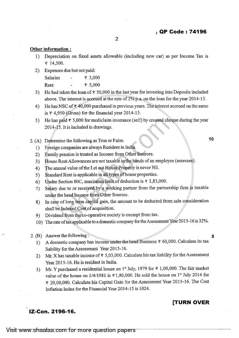 Direct and Indirect Taxes 2016-2017 - M.Com. - Part 2 - University of Mumbai question paper with PDF download