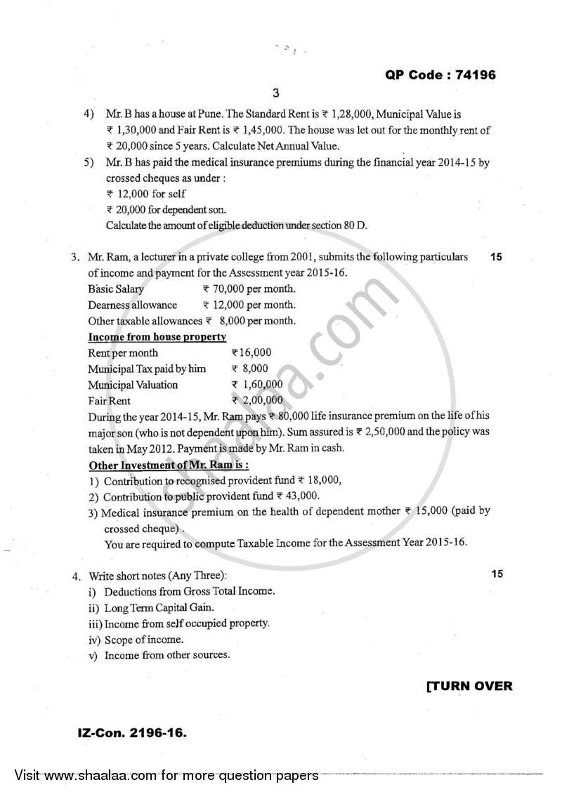 Direct and Indirect Taxes 2016-2017 - M.Com. - Part 2 - University of Mumbai question paper with PDF download