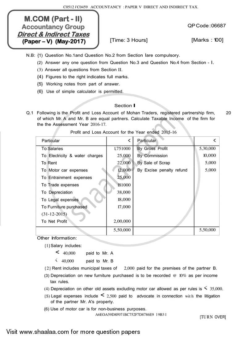Direct and Indirect Taxes 2016-2017 - M.Com. - Part 2 - University of Mumbai question paper with PDF download