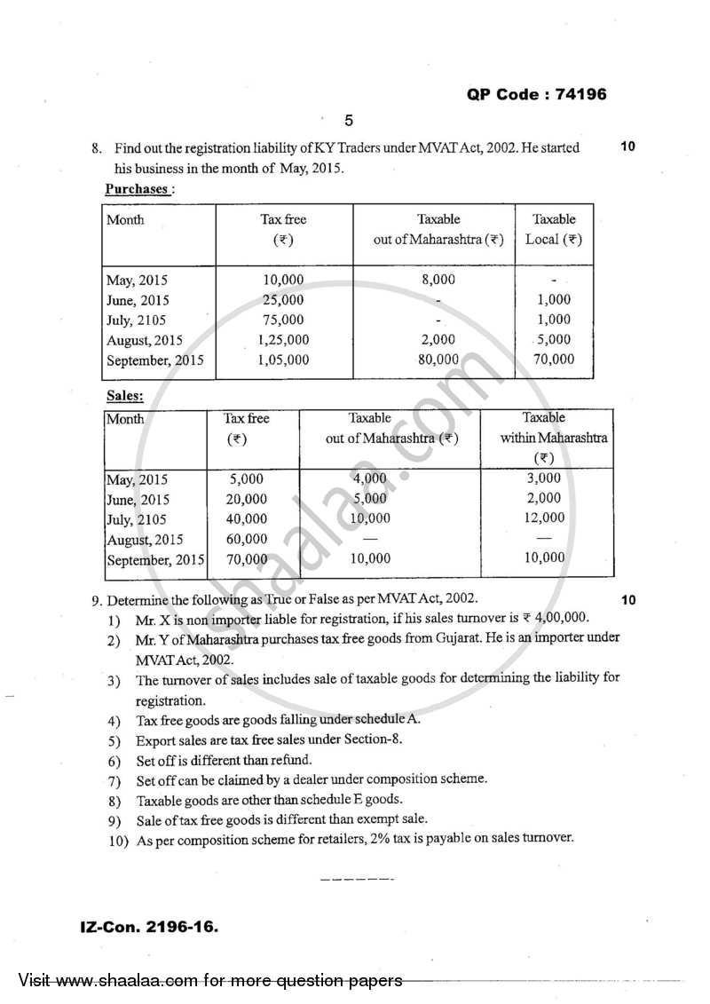 Direct and Indirect Taxes 2016-2017 - M.Com. - Part 2 - University of Mumbai question paper with PDF download