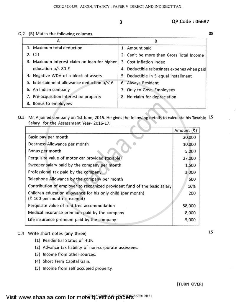 Direct and Indirect Taxes 2016-2017 - M.Com. - Part 2 - University of Mumbai question paper with PDF download