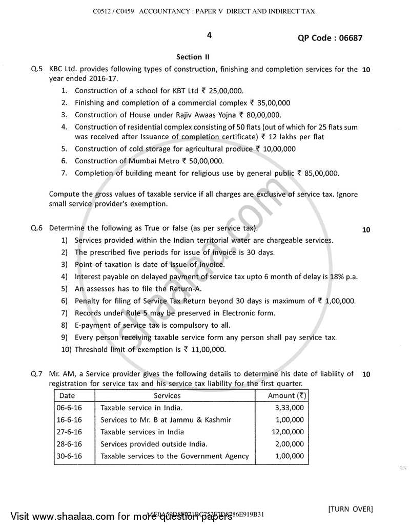 Direct and Indirect Taxes 2016-2017 - M.Com. - Part 2 - University of Mumbai question paper with PDF download