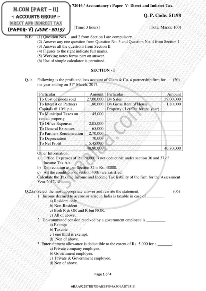 Direct and Indirect Taxes 2018-2019 - M.Com. - Part 2 - University of Mumbai question paper with PDF download