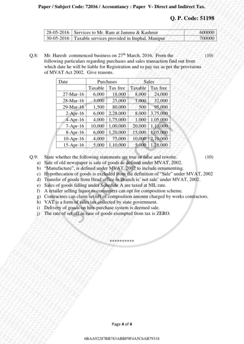 Direct and Indirect Taxes 2018-2019 - M.Com. - Part 2 - University of Mumbai question paper with PDF download