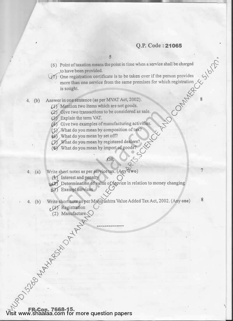 Direct and Indirect Taxes Paper‐2 (Indirect Tax) 2014-2015 - M.Com. - Semester 4 - University of Mumbai question paper with PDF download