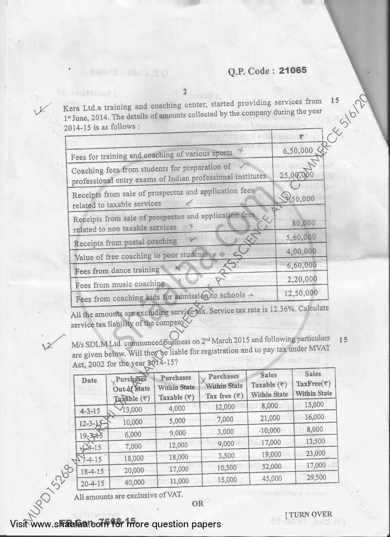 Direct and Indirect Taxes Paper‐2 (Indirect Tax) 2014-2015 - M.Com. - Semester 4 - University of Mumbai question paper with PDF download