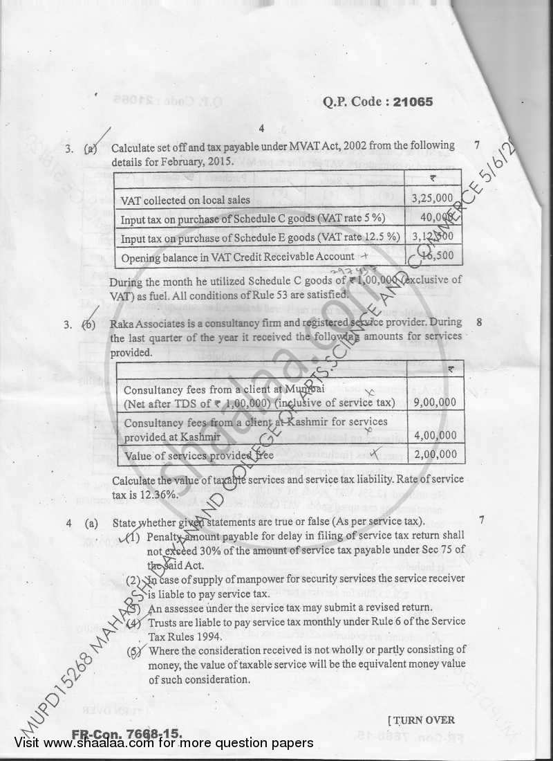 Direct and Indirect Taxes Paper‐2 (Indirect Tax) 2014-2015 - M.Com. - Semester 4 - University of Mumbai question paper with PDF download